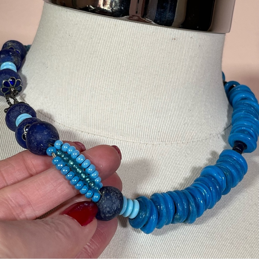 Vintage Bohemian Art Glass Sea Glass Blue Chunky Stone oversized Necklace